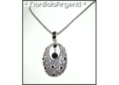 NSA|collana argentata ciondolo medaglia strass bianco o nero lega bigiotteria