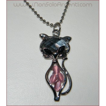 NSA|silver plated ball necklace cat kitten smoky pink shuttles alloy costume jewellery