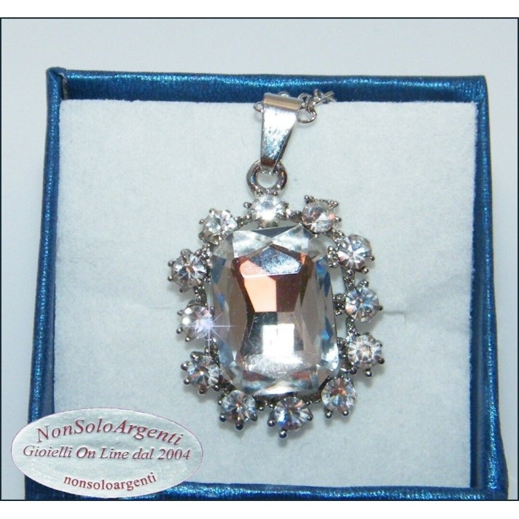 NSA|Retro Rectangular Square Rhinestone Silver Tone Alloy Pendant Necklace