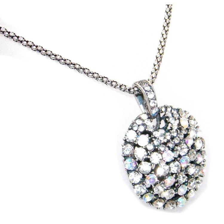 NSA|Women's necklace with antiqued silver-plated rhinestone alloy medal pendant