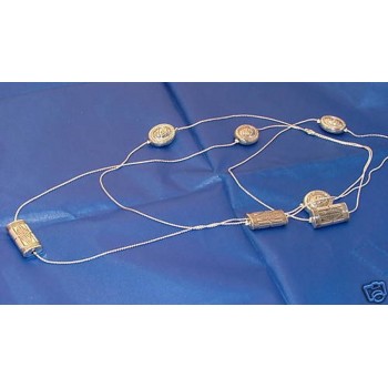 NSA|long women's necklace with 2 rounds of inlaid pearls in silver-plated alloy