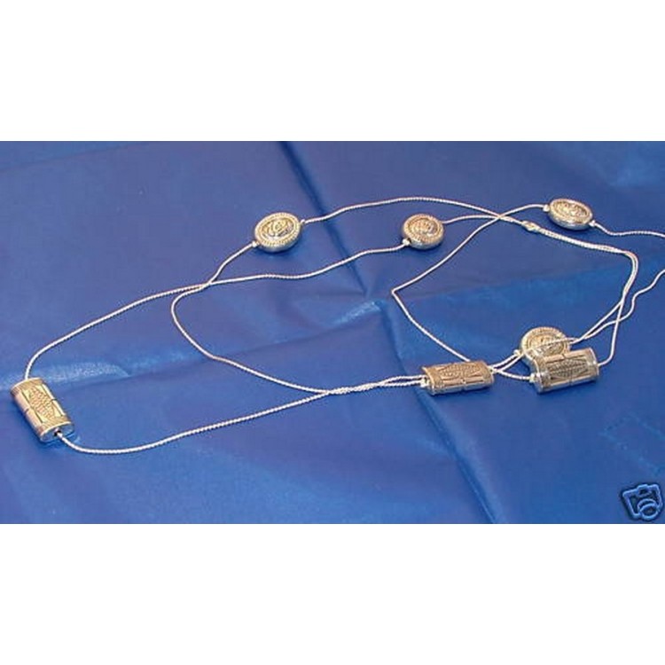 NSA|long women's necklace with 2 rounds of inlaid pearls in silver-plated alloy