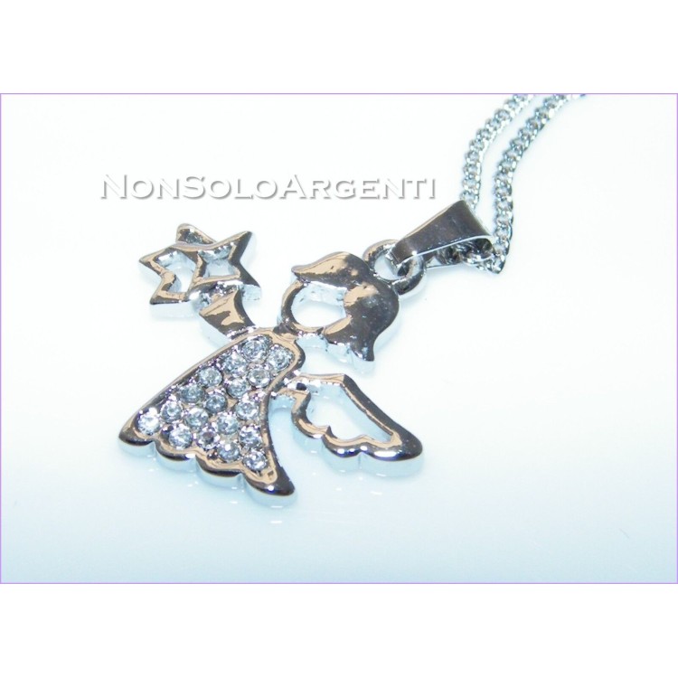 NSA|Collana argentata con pendaglio angelo stella ciondolo strass donna