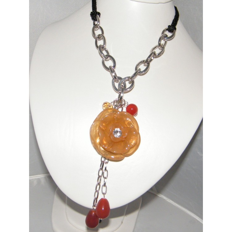 NSA|women's necklace with large honey-colored rose and rhinestones