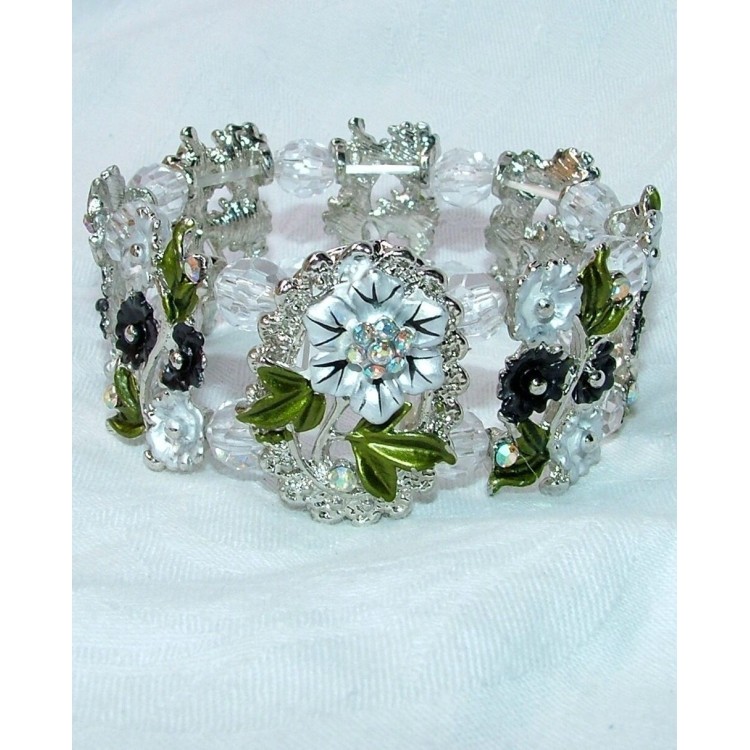 NSA|bracciale elastico perle lucite fiore in cornice rosa grigio celeste