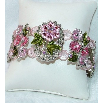 NSA|Elastic bracelet with flower lucite pearls in pink gray light blue frame