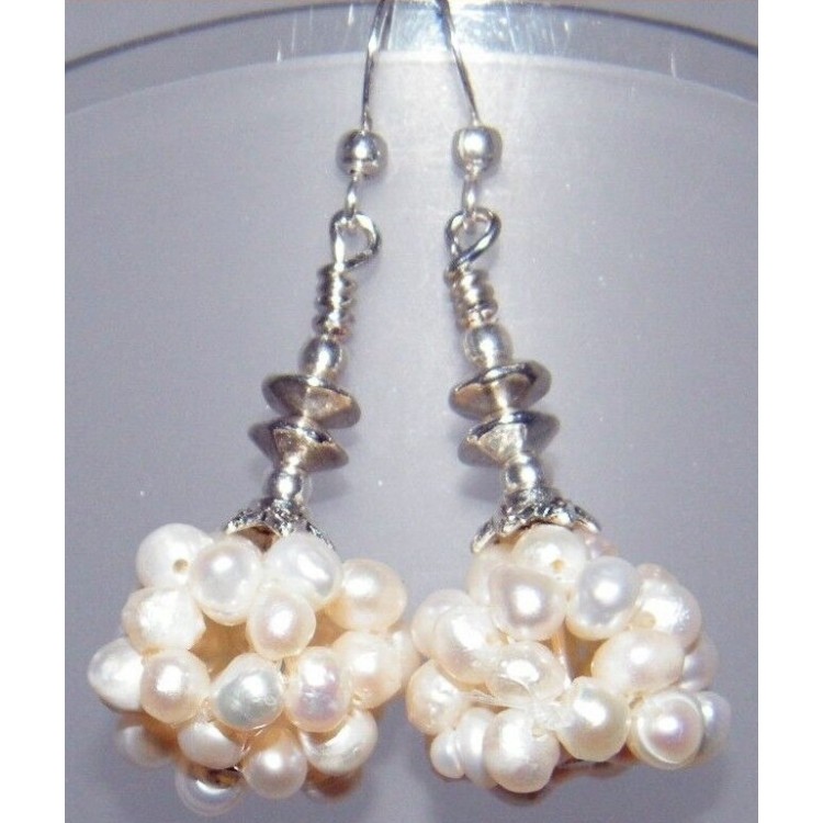 NSA|925 silver earrings with ethnic ball mounted pearl pendants