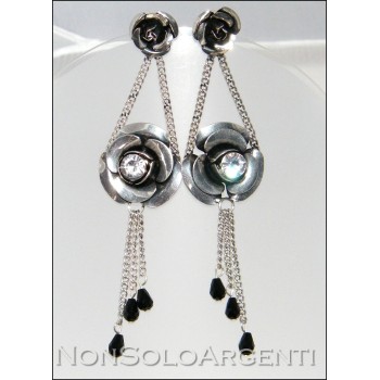 NSA|long earrings rose rhinestones black crystals antiqued woman
