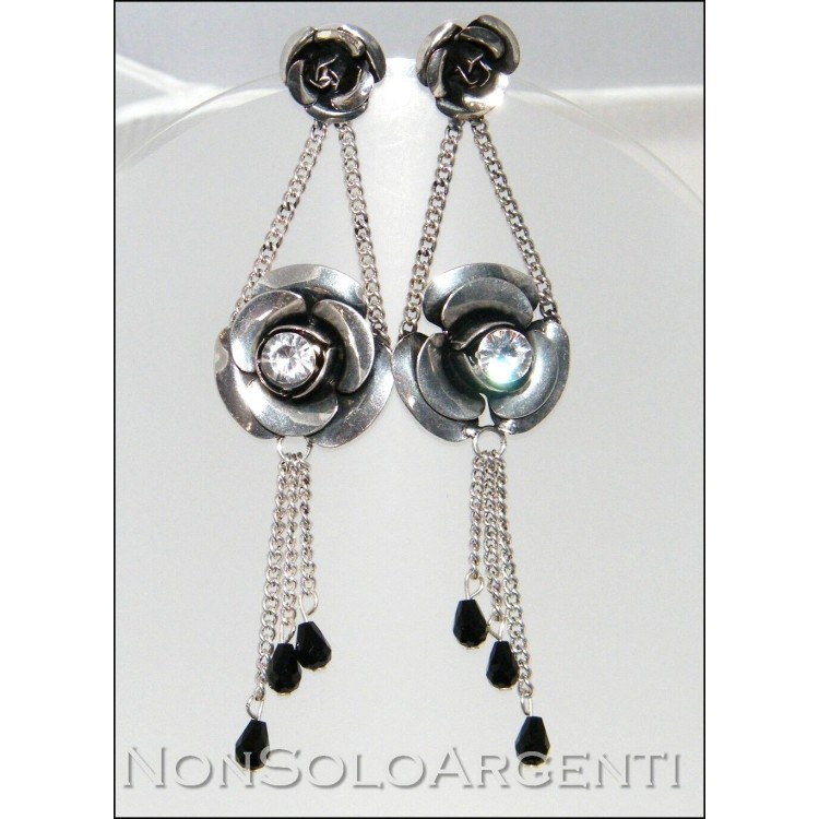 NSA|long earrings rose rhinestones black crystals antiqued woman