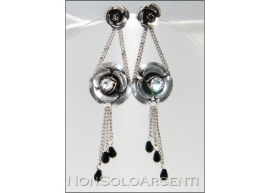 NSA|long earrings rose rhinestones black crystals antiqued woman