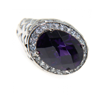 NSA|925 silver ring oval amethyst purple and white zircons size 21 woman chevalier