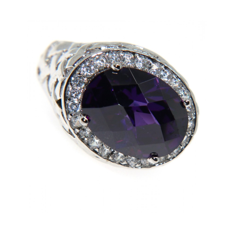 NSA|925 silver ring oval amethyst purple and white zircons size 21 woman chevalier