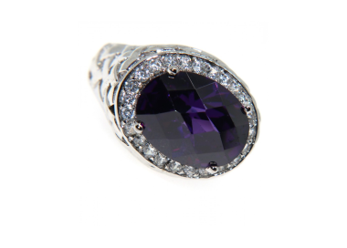 NSA|925 silver ring oval amethyst purple and white zircons size 21 woman chevalier