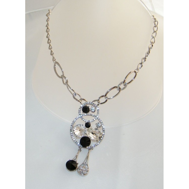 NSA|silver choker necklace with central circle and white black rhinestone pendants