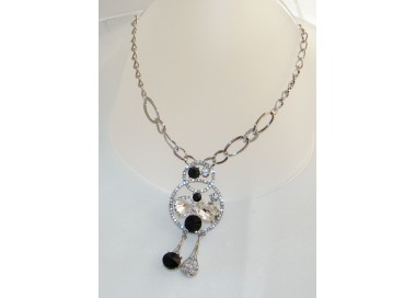 NSA|silver choker necklace with central circle and white black rhinestone pendants