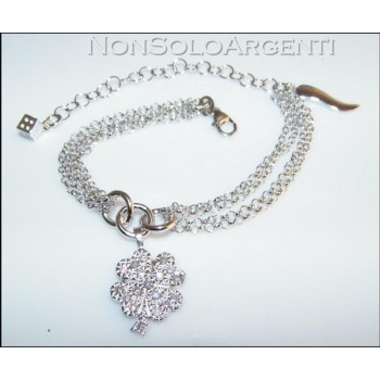 NSA|bracciale argento 925 charm quadrifoglio cornetto dado zirconi e ciondolo