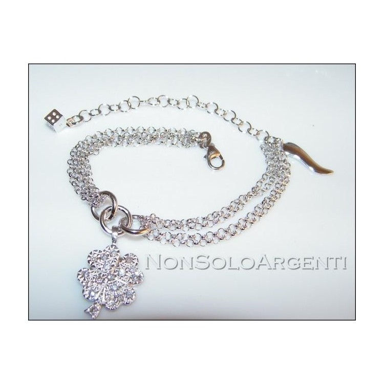 NSA|bracciale argento 925 charm quadrifoglio cornetto dado zirconi e ciondolo