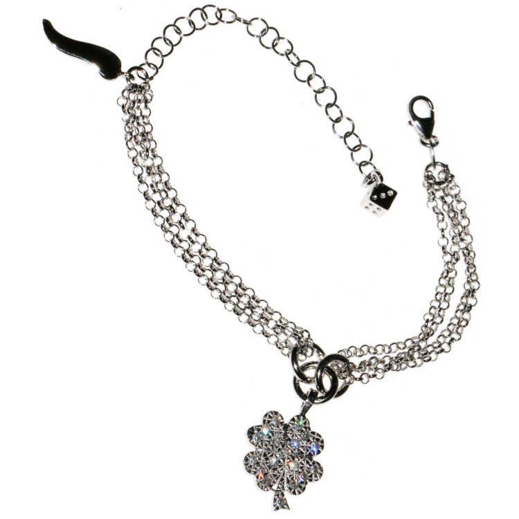 NSA|bracciale argento 925 charm quadrifoglio cornetto dado zirconi e ciondolo