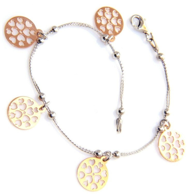 NSA|bracciale argento 925 cavo doppio medaglie oro rosa a cuore inciso