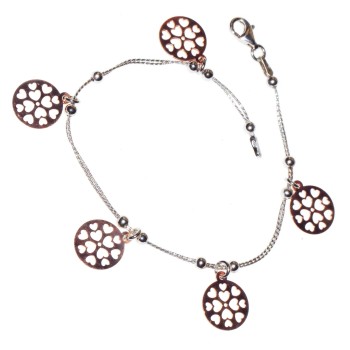 NSA|bracciale argento 925 cavo doppio medaglie oro rosa a cuore inciso