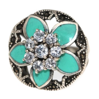 NSA|retro ring 925 silver round turquoise paste zircons size 19
