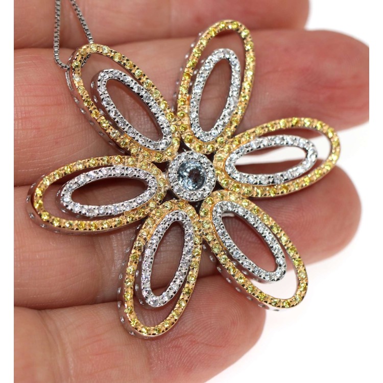 NSA|925 silver necklace flower pendant topaz chete laroche zircons