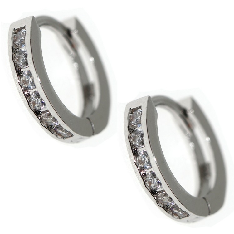 NSA|Rhodium plated brass track zircon hoop earrings 18kGF 13.5mm