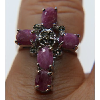 NSA|anello argento 925 croce radice di rubino marcasite misura 20 etnico vintage