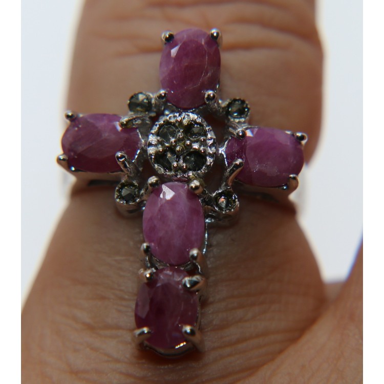 NSA|anello argento 925 croce radice di rubino marcasite misura 20 etnico vintage