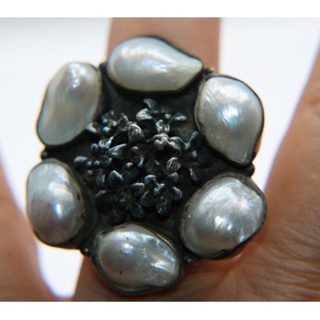 NSA|grande anello argento 925 perle naturali misura 17 etnico vintage scuro appariscente