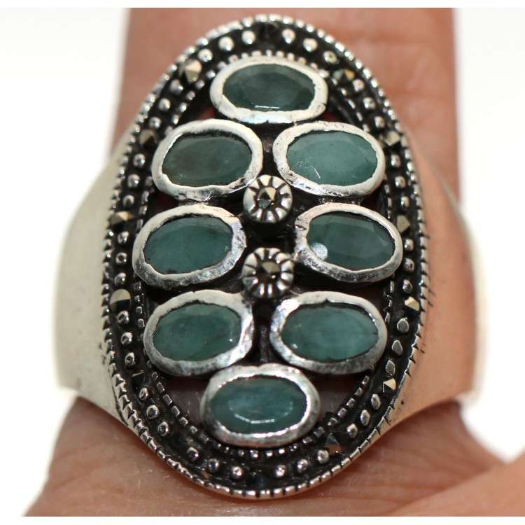 NSA|anello argento 925 radice di smeraldo verde marcasite grande misura 20