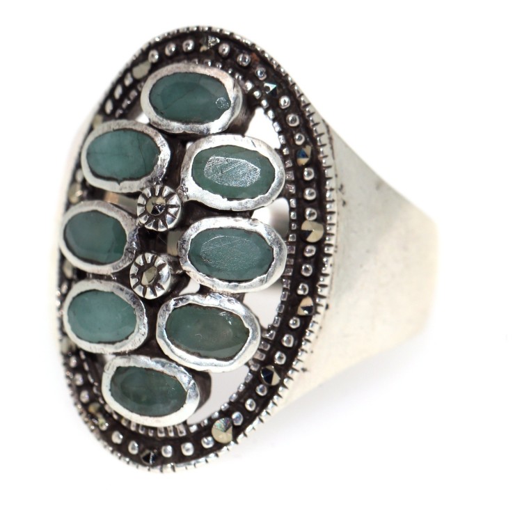 NSA|anello argento 925 radice di smeraldo verde marcasite grande misura 20