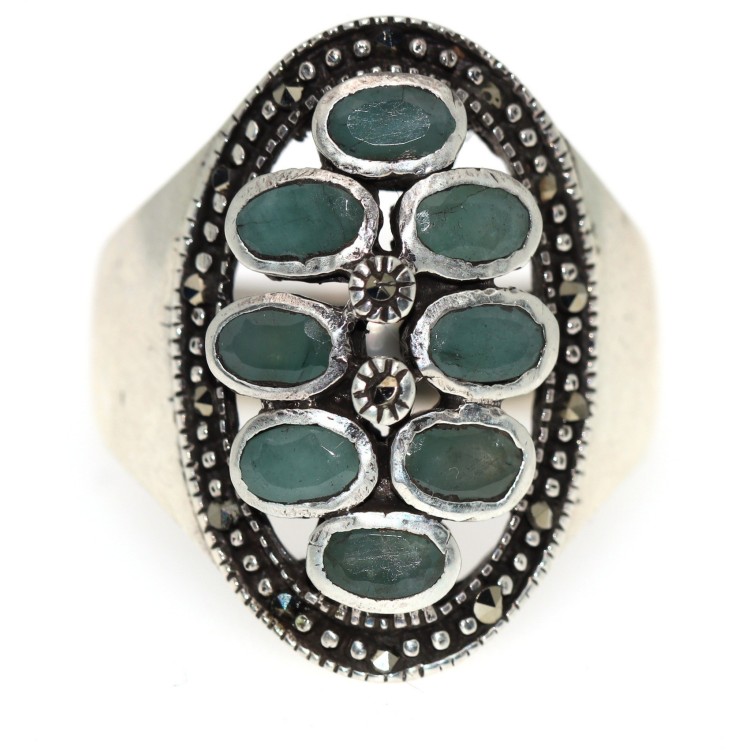 NSA|anello argento 925 radice di smeraldo verde marcasite grande misura 20