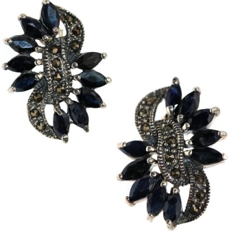 NSA|orecchini argento 925 con raggi di corindone radici di zaffiro blu navette e marcasite