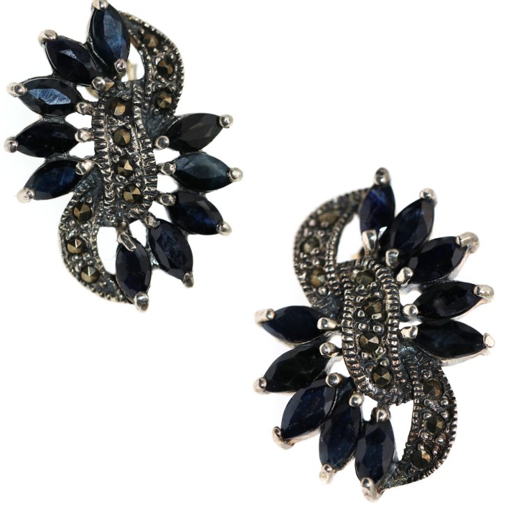 NSA|orecchini argento 925 con raggi di corindone radici di zaffiro blu navette e marcasite