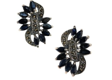 NSA|orecchini argento 925 con raggi di corindone radici di zaffiro blu navette e marcasite