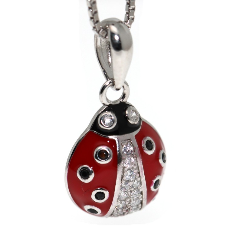 NSA|red ladybug necklace 925 silver white zircons black polka dots
