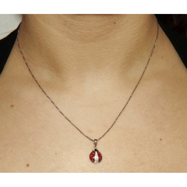 NSA|red ladybug necklace 925 silver white zircons black polka dots