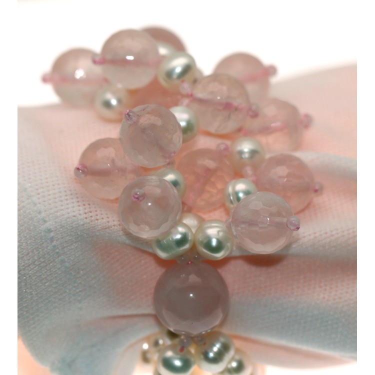 NSA|bracelet silver 925 natural rose quartz stones and freshwater pearls woman