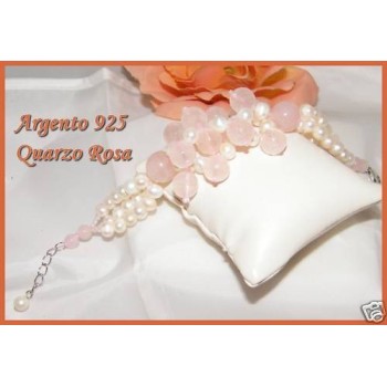 NSA|bracelet silver 925 natural rose quartz stones and freshwater pearls woman