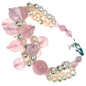 NSA|bracelet silver 925 natural rose quartz stones and freshwater pearls woman