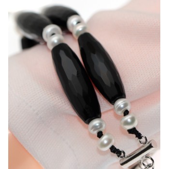 NSA|bracciale argento 925 pietre di agata nera naturale e perle di acqua dolce donna