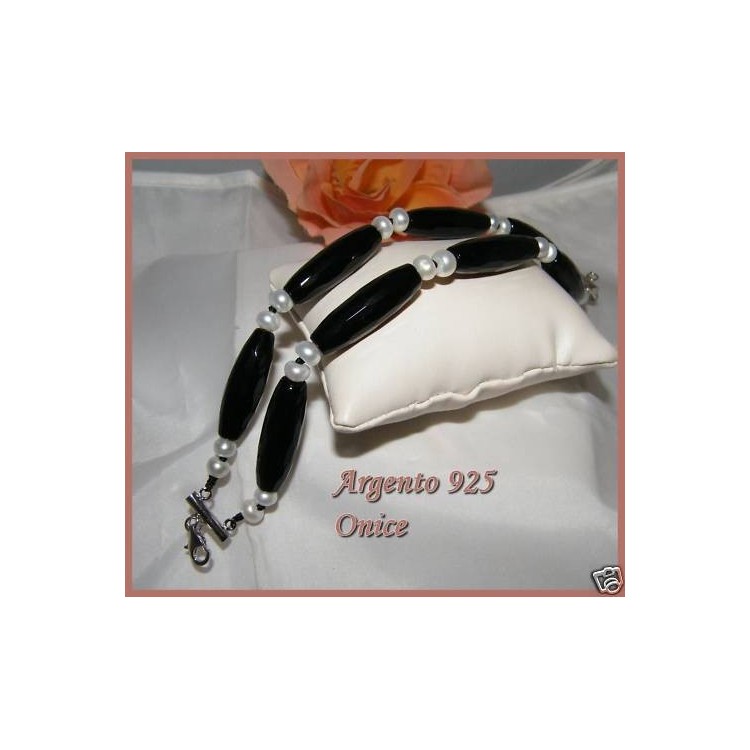 NSA|bracciale argento 925 pietre di agata nera naturale e perle di acqua dolce donna