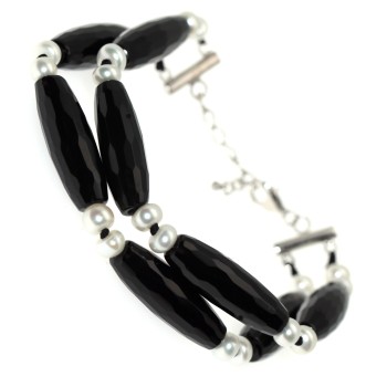 NSA|bracelet silver 925 natural black agate stones and freshwater pearls woman