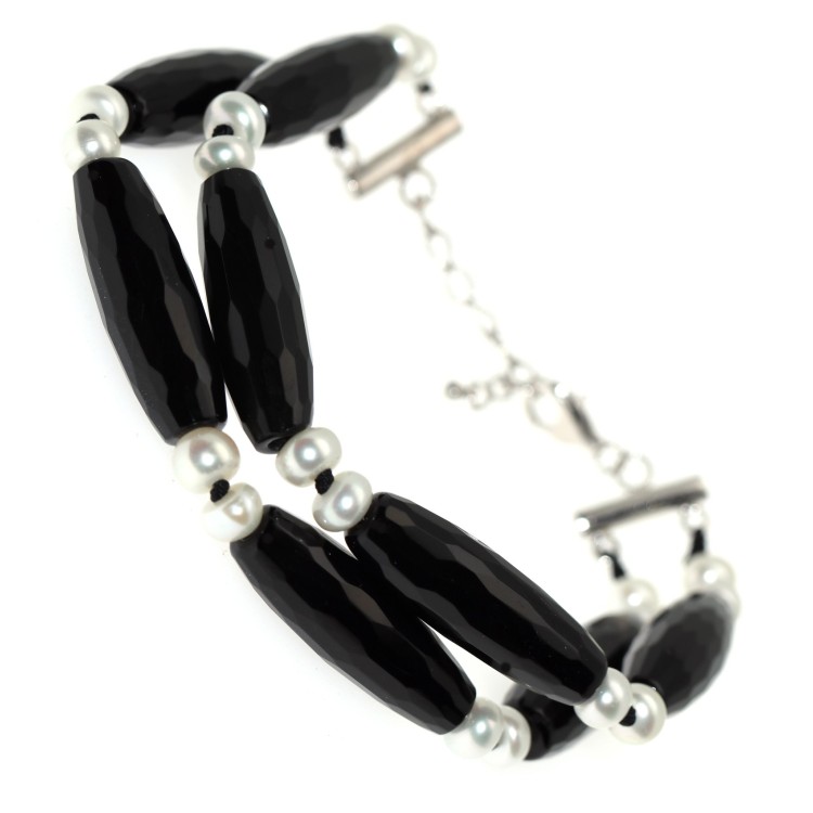 NSA|bracelet silver 925 natural black agate stones and freshwater pearls woman