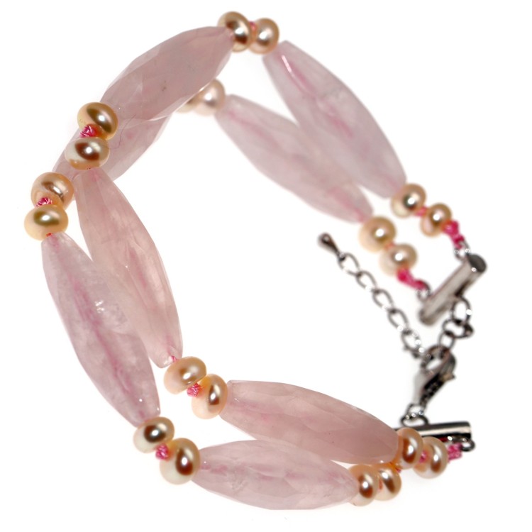 NSA|bracciale argento 925 pietre a losanga quarzo rosa naturale e perle d'acqua dolce donna
