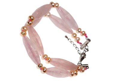 NSA|bracciale argento 925 pietre a losanga quarzo rosa naturale e perle d'acqua dolce donna