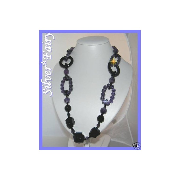 NSA|long necklace natural stones amethyst blue agate crystals very long 90 cm