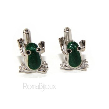 NSA|Mens Cufflinks frog shirt Silver 925 green enamel handmade