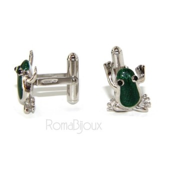 NSA|Mens Cufflinks frog shirt Silver 925 green enamel handmade